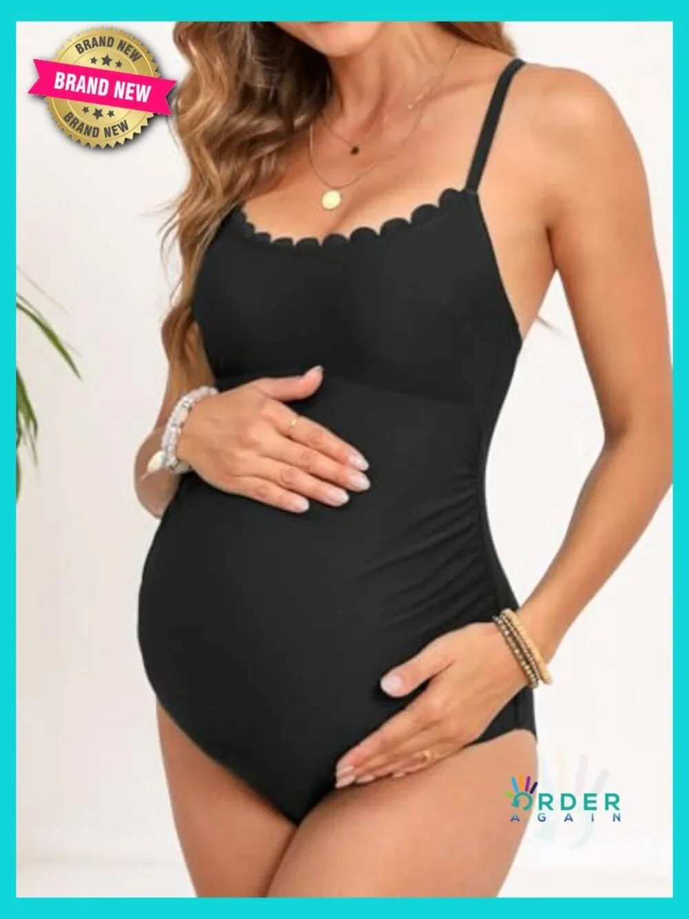 Scoop Neck Maternity Swimsuit Scalloped Lace Up Back Criss Cross Tie One Piece